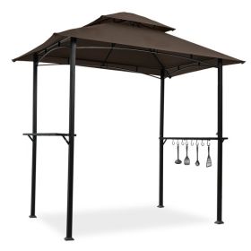 Outdoor Grill Gazebo 8 x 5 Ft, Shelter Tent, Double Tier Soft Top Canopy and Steel Frame with hook and Bar Counters, Brown